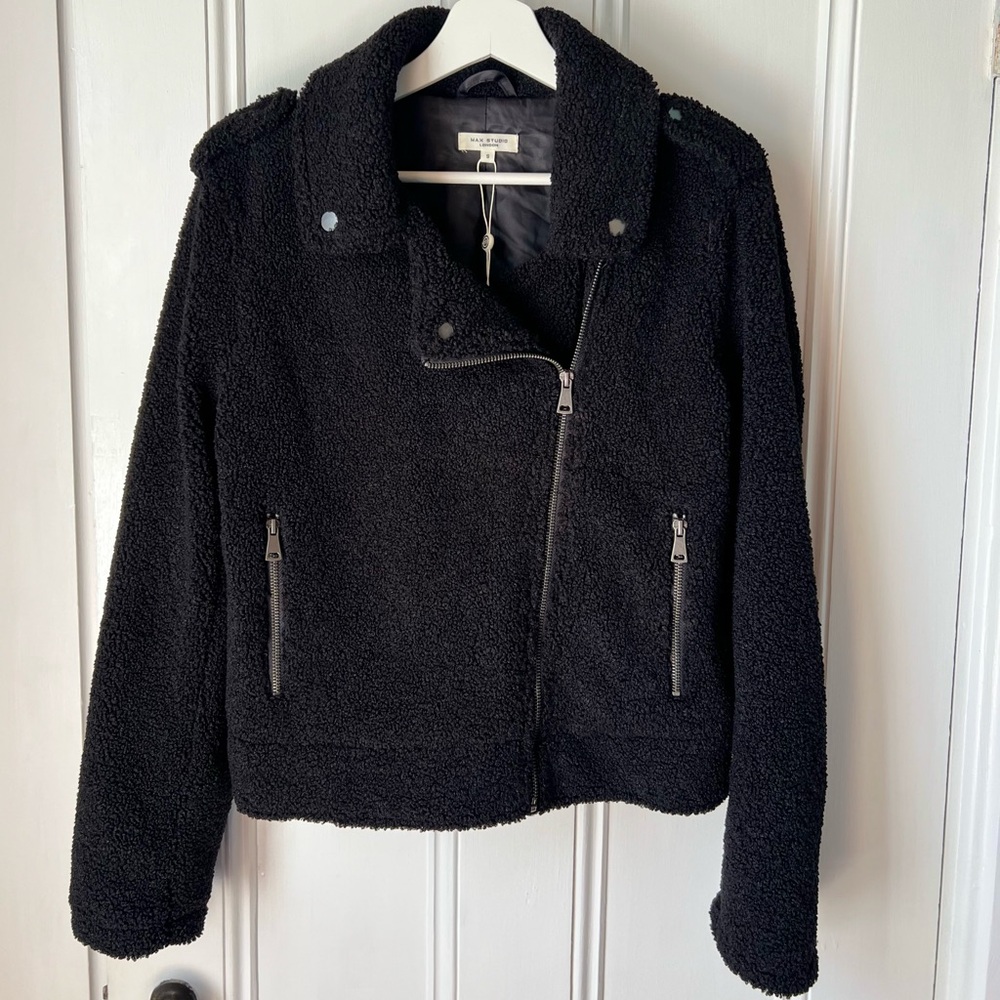 Nwt Max Studio Faux Shearling Black Zip Moto Jacket Teddy Motorcycle